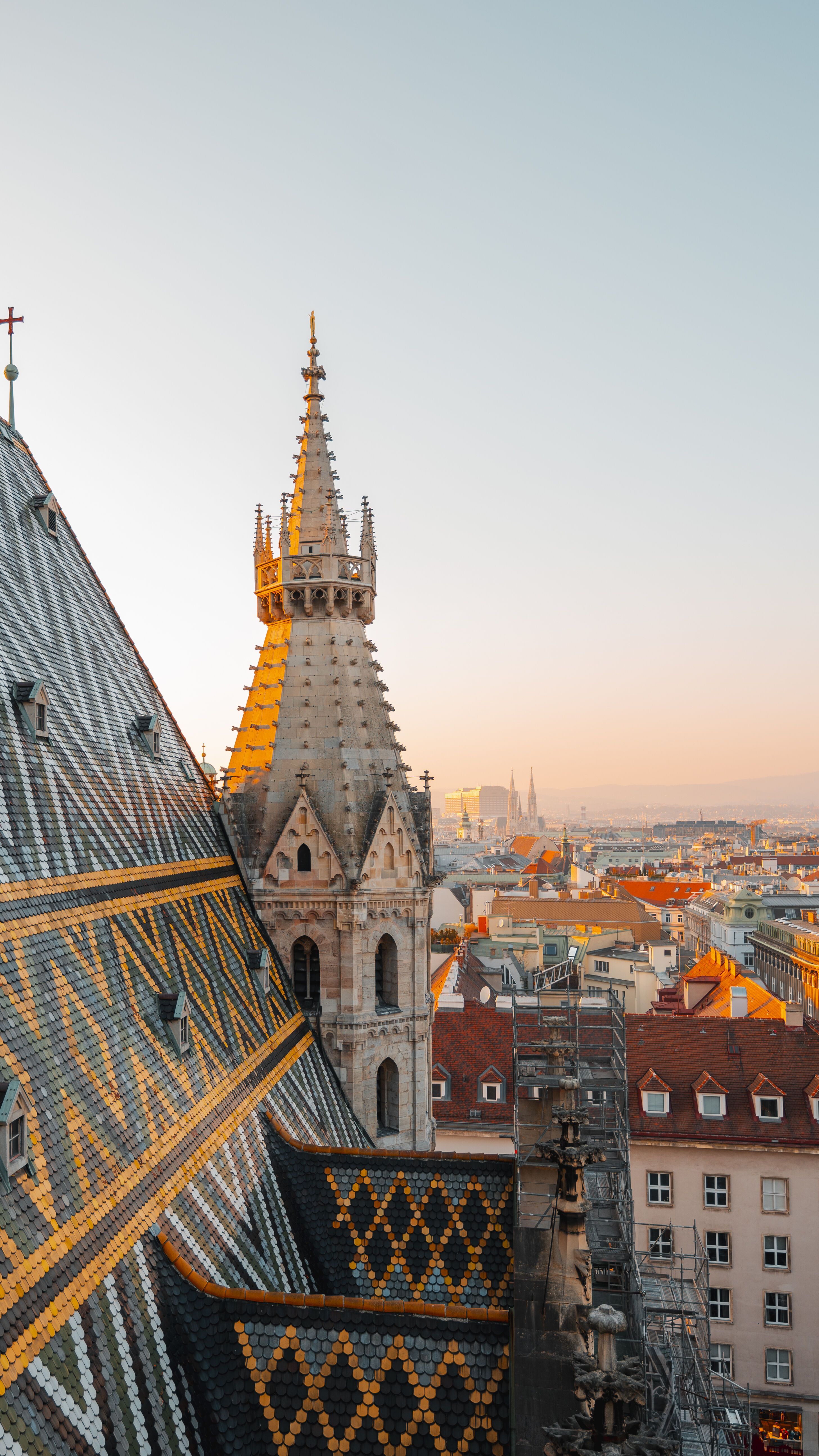 Dach des Stephansdoms in Wien mit bunten Ziegelmustern und Turm im Abendlicht, Blick über die Stadt mit historischen Gebäuden und sanftem Himmel.