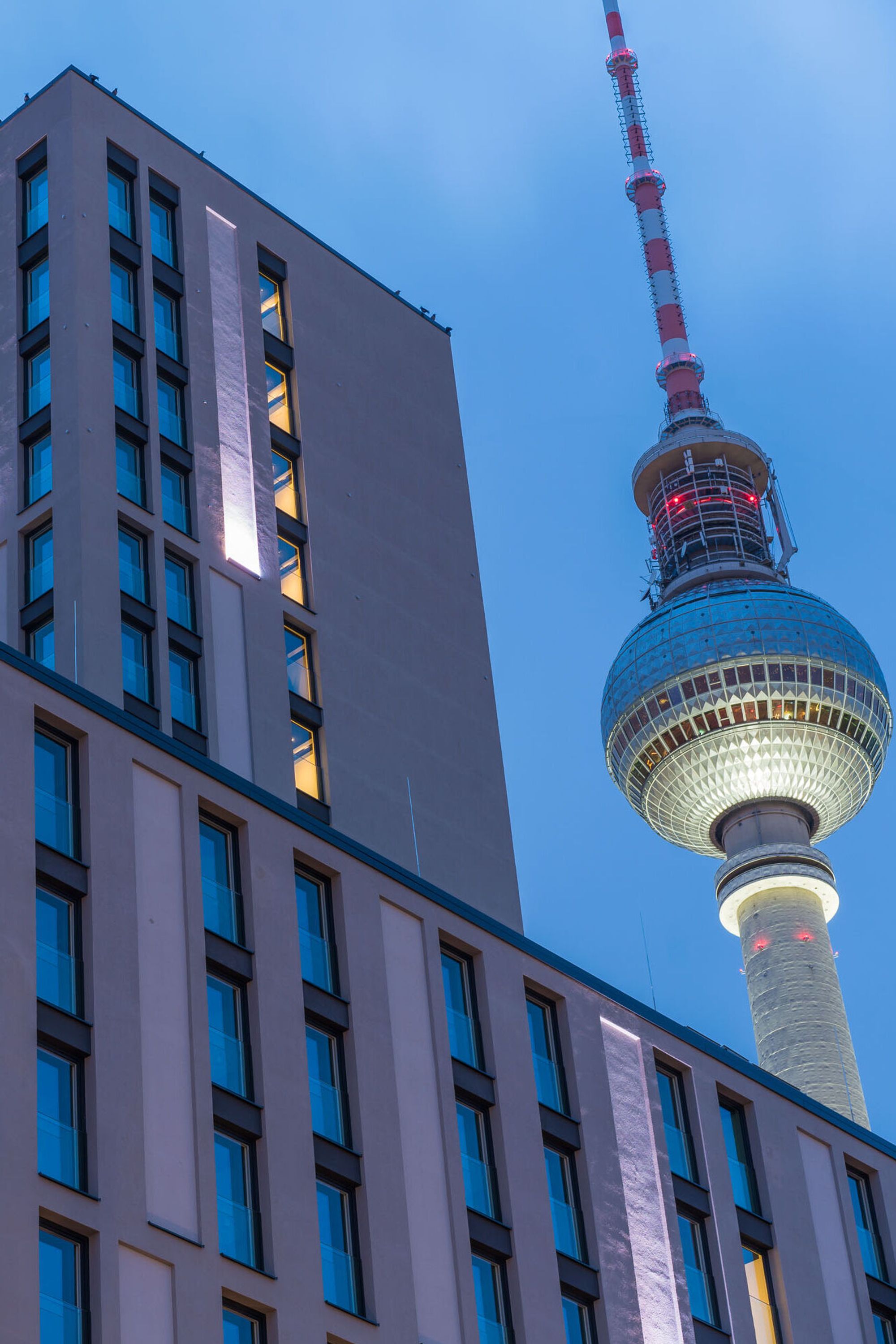 hotel Berlin Alexanderplatz Motel One facade and television tower in the background