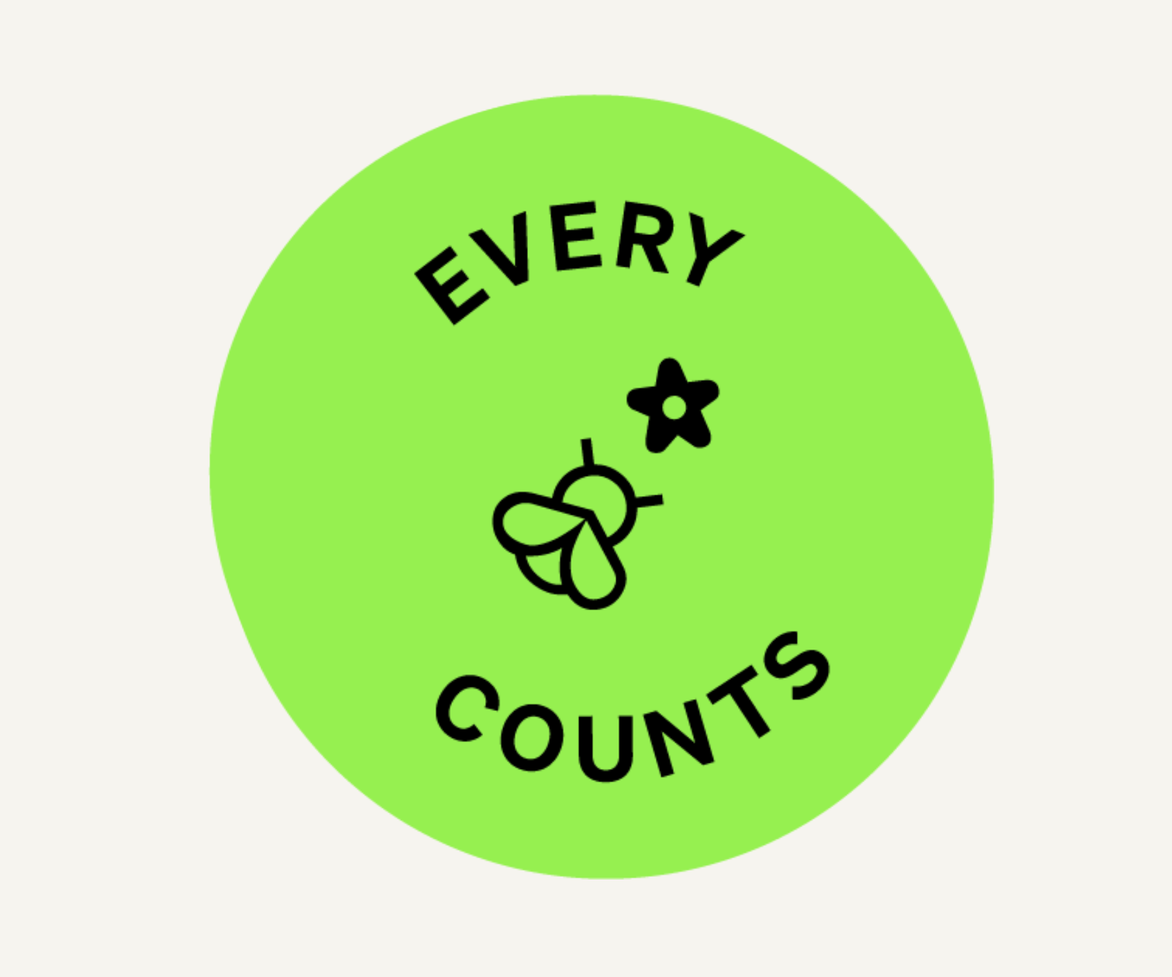 Grüner Kreis mit der schwarzen Illustration einer Biene und einer Blume, darüber und darunter der Text „Every Counts“. Symbolisiert Umweltbewusstsein und den Wert kleiner Beiträge.