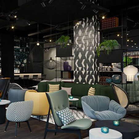 designhotel Karlsruhe Motel One rendering bar and lounge with seatings