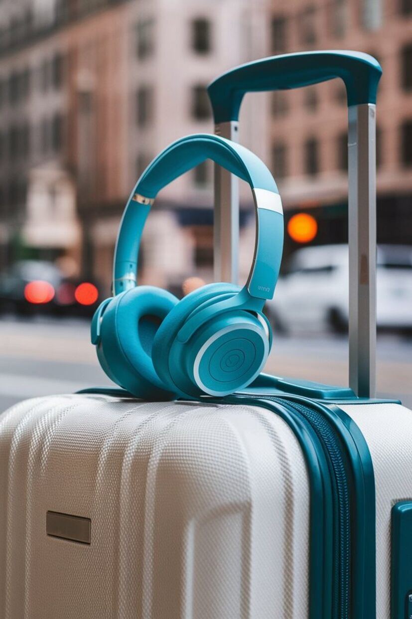 Travel Tunes Motel One hellbeige Reisetasche mit Griff steht vor einem städtischen Hintergrund. Darauf liegt ein blauer kabelloser Kopfhörer. Die Szene vermittelt Reisevorfreude und urbanes Flair. Travel Tunes Motel One hellbeige Reisetasche mit Griff steht vor einem städtischen Hintergrund. Darauf liegt ein blauer kabelloser Kopfhörer. Die Szene vermittelt Reisevorfreude und urbanes Flair.