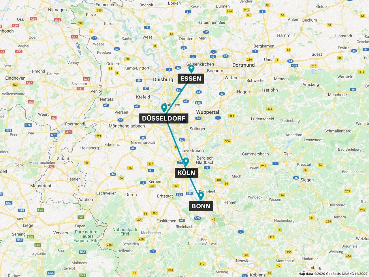 Karte des Rhein-Ruhr-Gebiets mit den Städten Essen, Düsseldorf, Köln und Bonn, die durch Linien verbunden sind, um eine Reiseroute oder Verbindungen zwischen diesen Städten zu zeigen.
