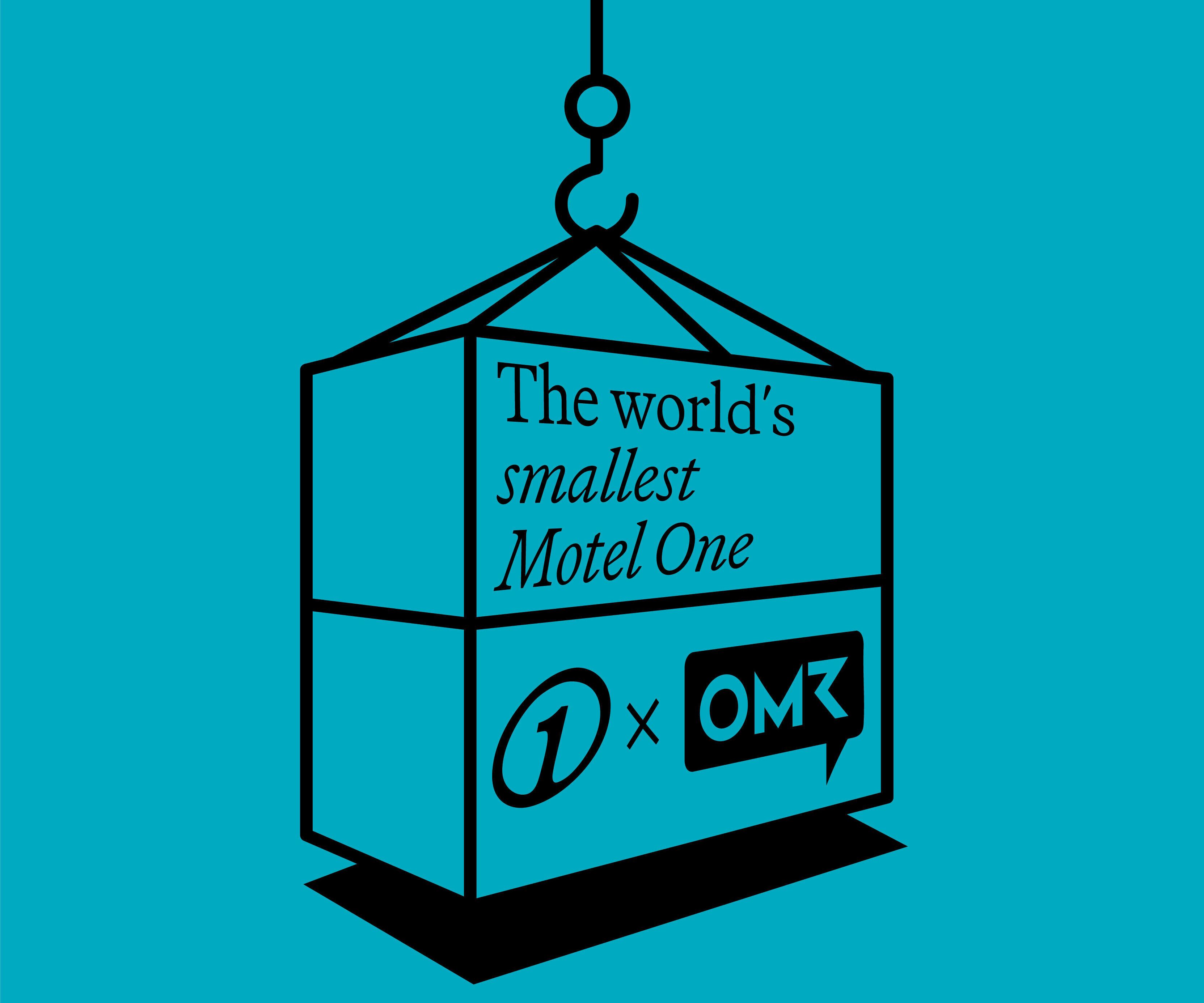 Grafische Darstellung eines Krans, der einen kleinen Kasten mit dem Text „The world’s smallest Motel One“ sowie den Logos von Motel One und OMR hebt.