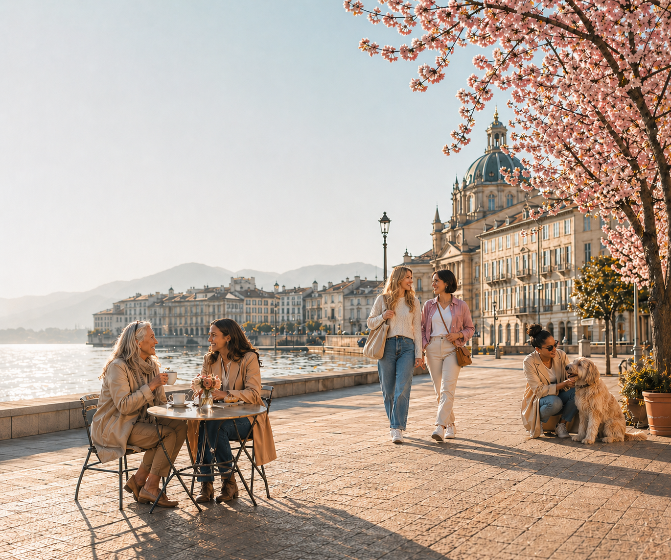 Zwei Frauen genießen Kaffee an einem Straßencafé am Seeufer, während zwei weitere Frauen entspannt unter blühenden Kirschbäumen flanieren. Im Hintergrund ist eine historische Stadt mit Dom und Bergen zu sehen, die Sonne sorgt für eine warme, freundliche Atmosphäre.