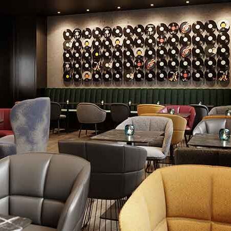 hotel Mannheim Motel One lounge rendering with several seating areas