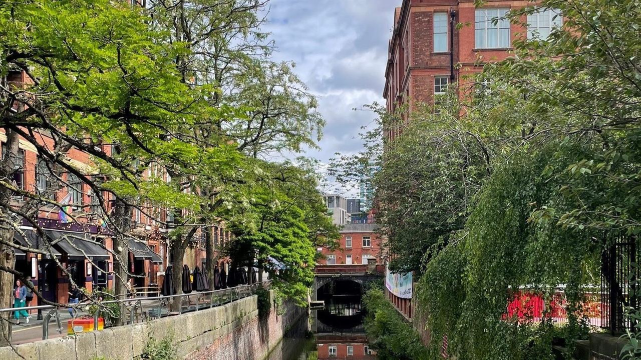 Blick auf einen ruhigen, von Gebäuden und Bäumen gesäumten Kanal unter leicht bewölktem Himmel in einer Stadt.